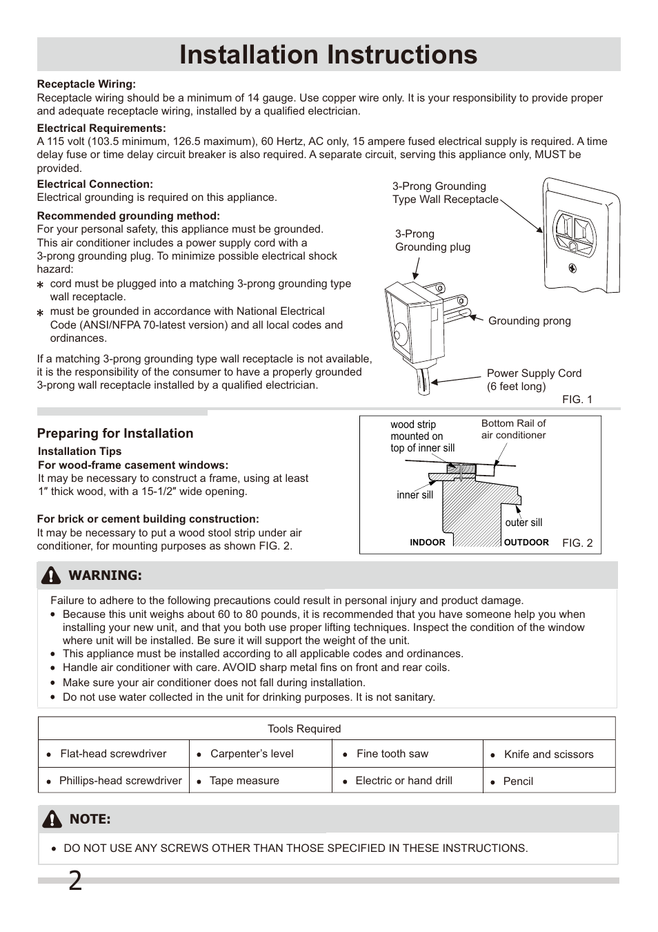 2installation instructions | FRIGIDAIRE FRA084KT7 User Manual | Page 2 / 8