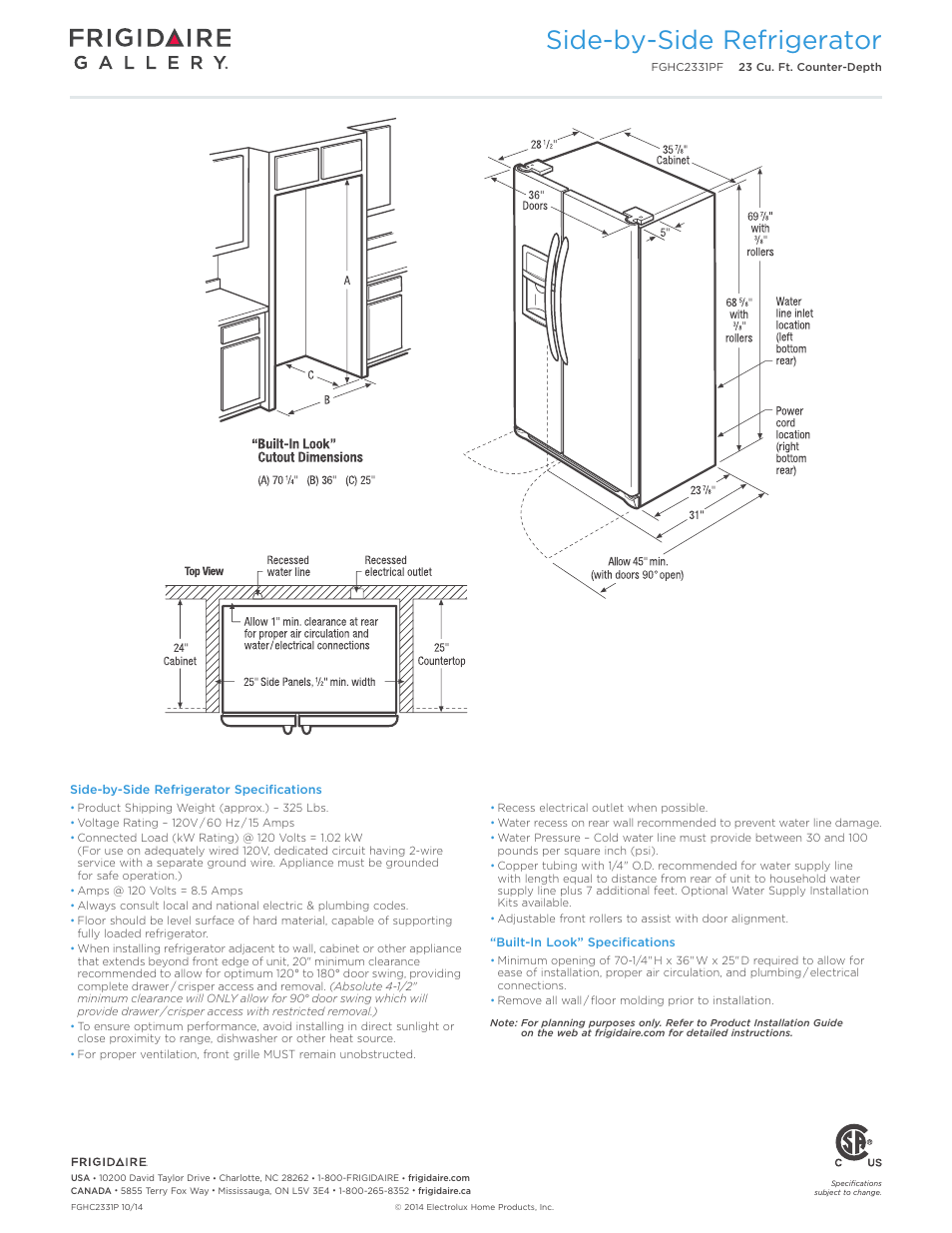 Side-by-side refrigerator | FRIGIDAIRE FGHC2331PF User Manual | Page 3 / 4