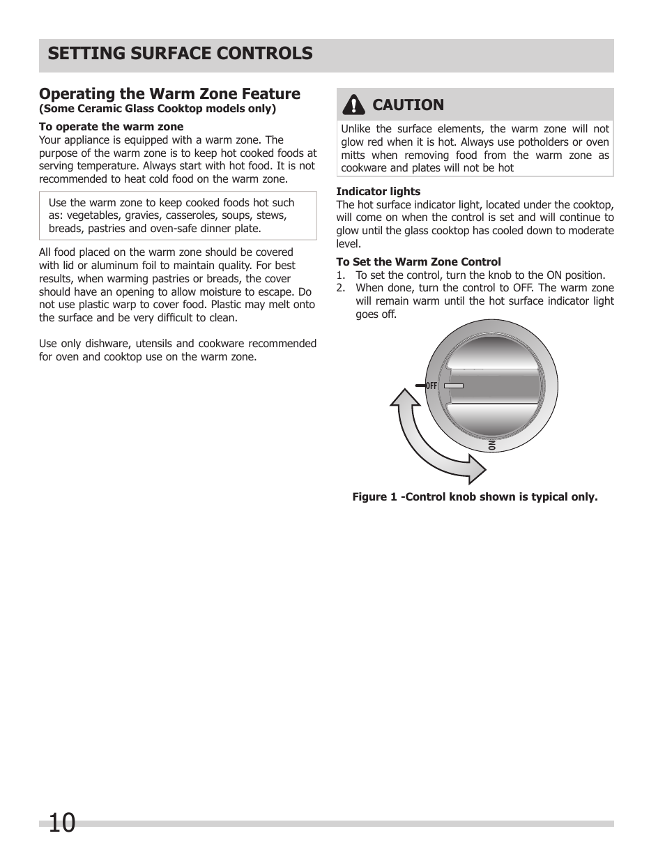 Setting surface controls, Operating the warm zone feature, Caution | FRIGIDAIRE FFEC3624PW User Manual | Page 10 / 16