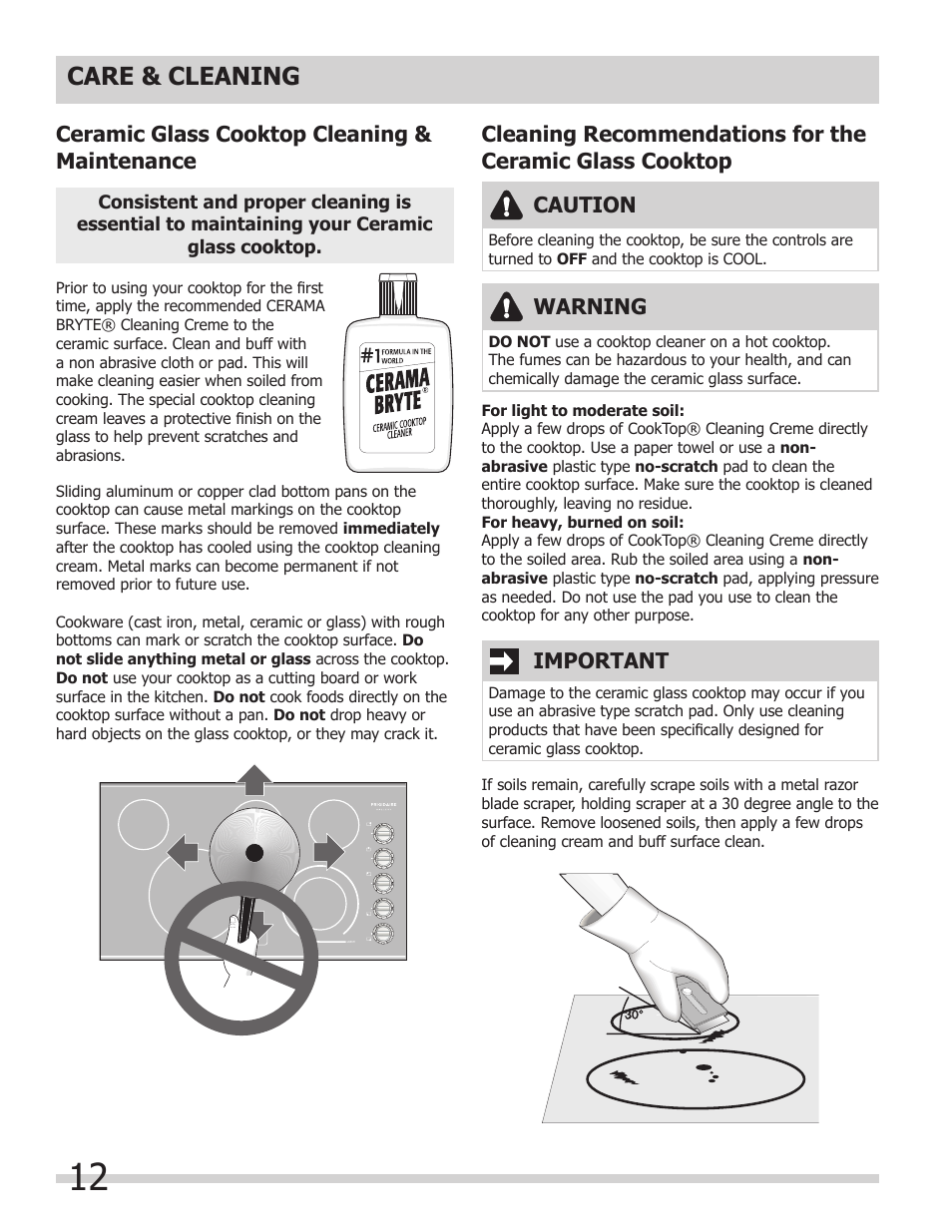 Care & cleaning, Ceramic glass cooktop cleaning & maintenance, Warning | Caution, Important | FRIGIDAIRE FFEC3624PW User Manual | Page 12 / 16