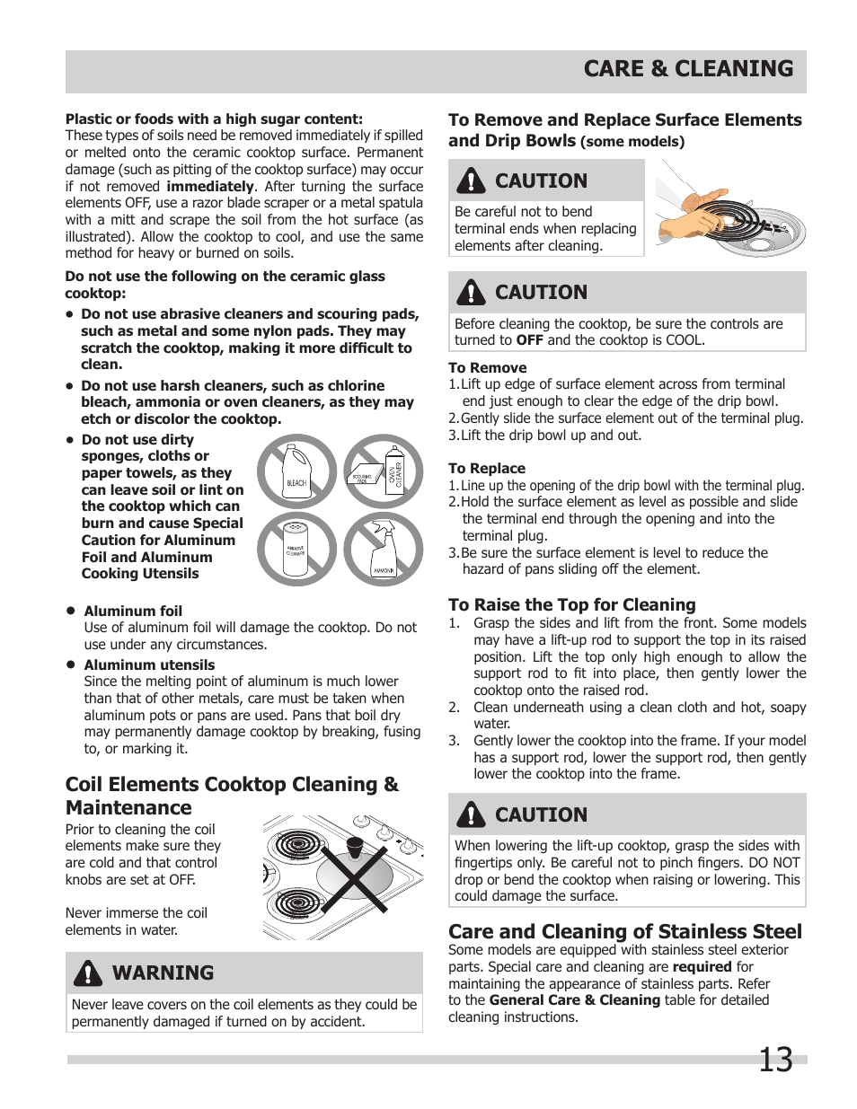 Care & cleaning, Warning, Caution | FRIGIDAIRE FFEC3624PW User Manual | Page 13 / 16