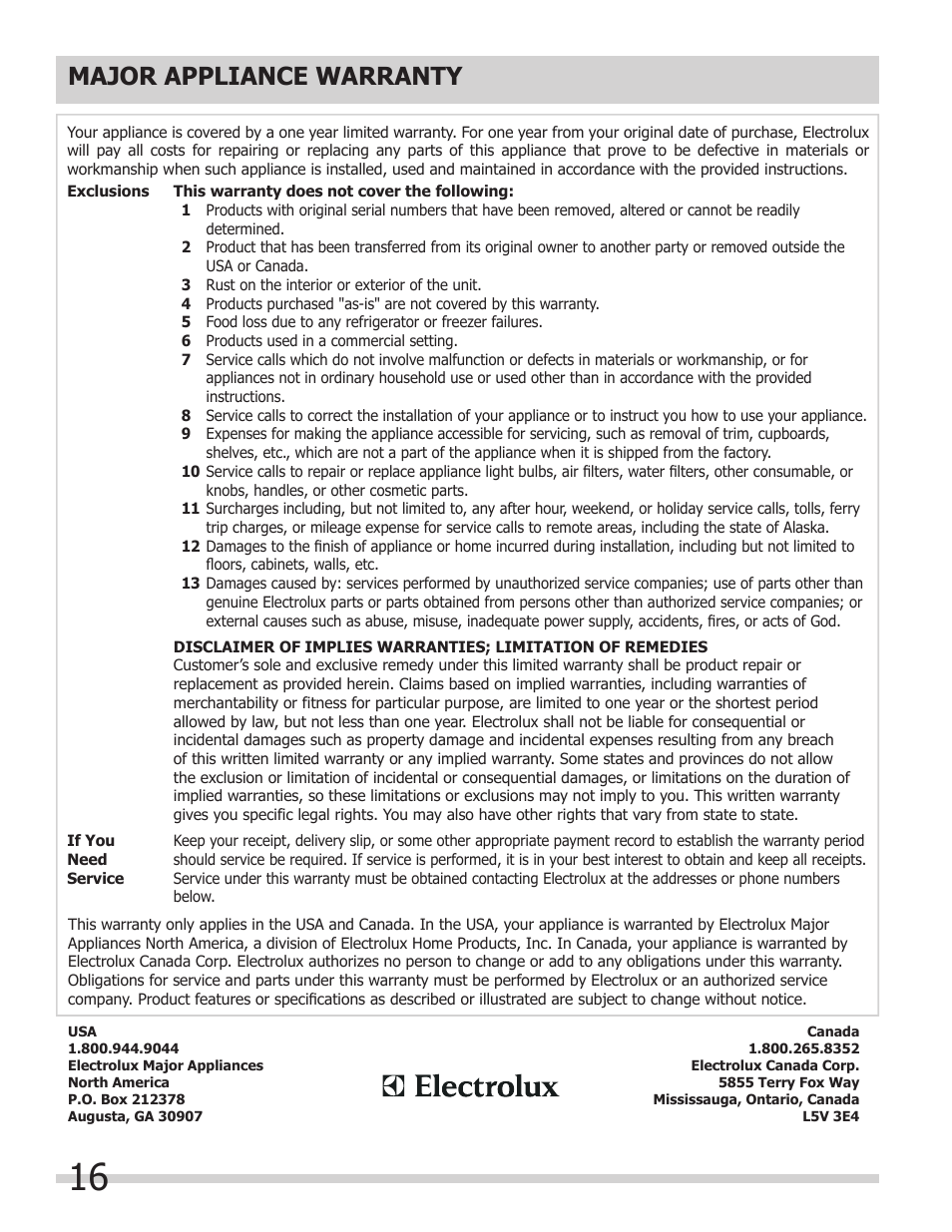 Major appliance warranty | FRIGIDAIRE FFEC3624PW User Manual | Page 16 / 16