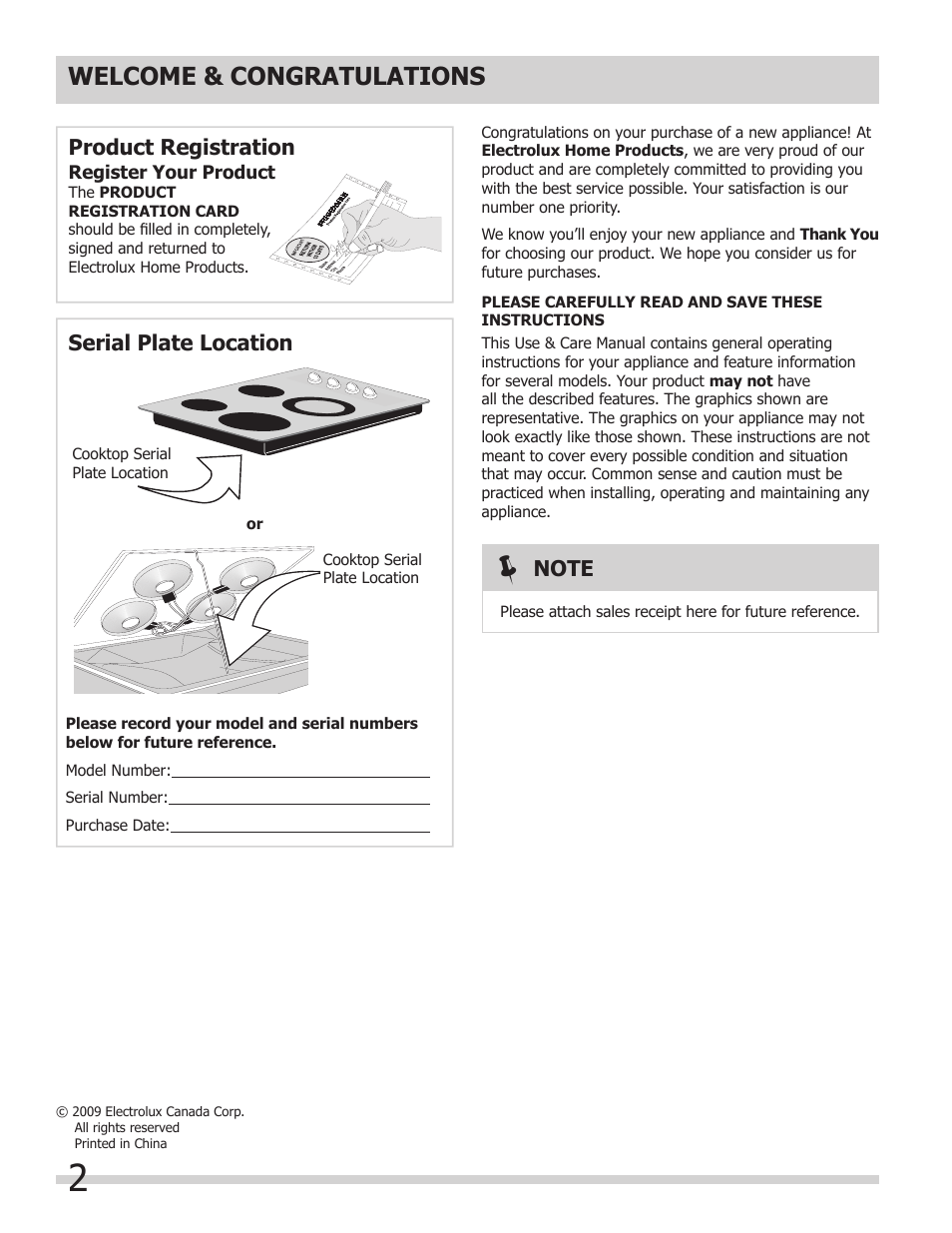 Product registration serial plate location | FRIGIDAIRE FFEC3624PW User Manual | Page 2 / 16