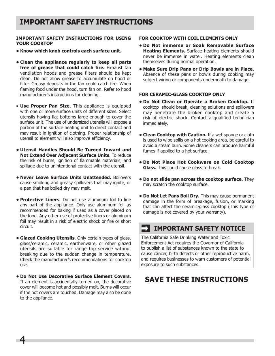 Important safety instructions, Important safety notice | FRIGIDAIRE FFEC3624PW User Manual | Page 4 / 16