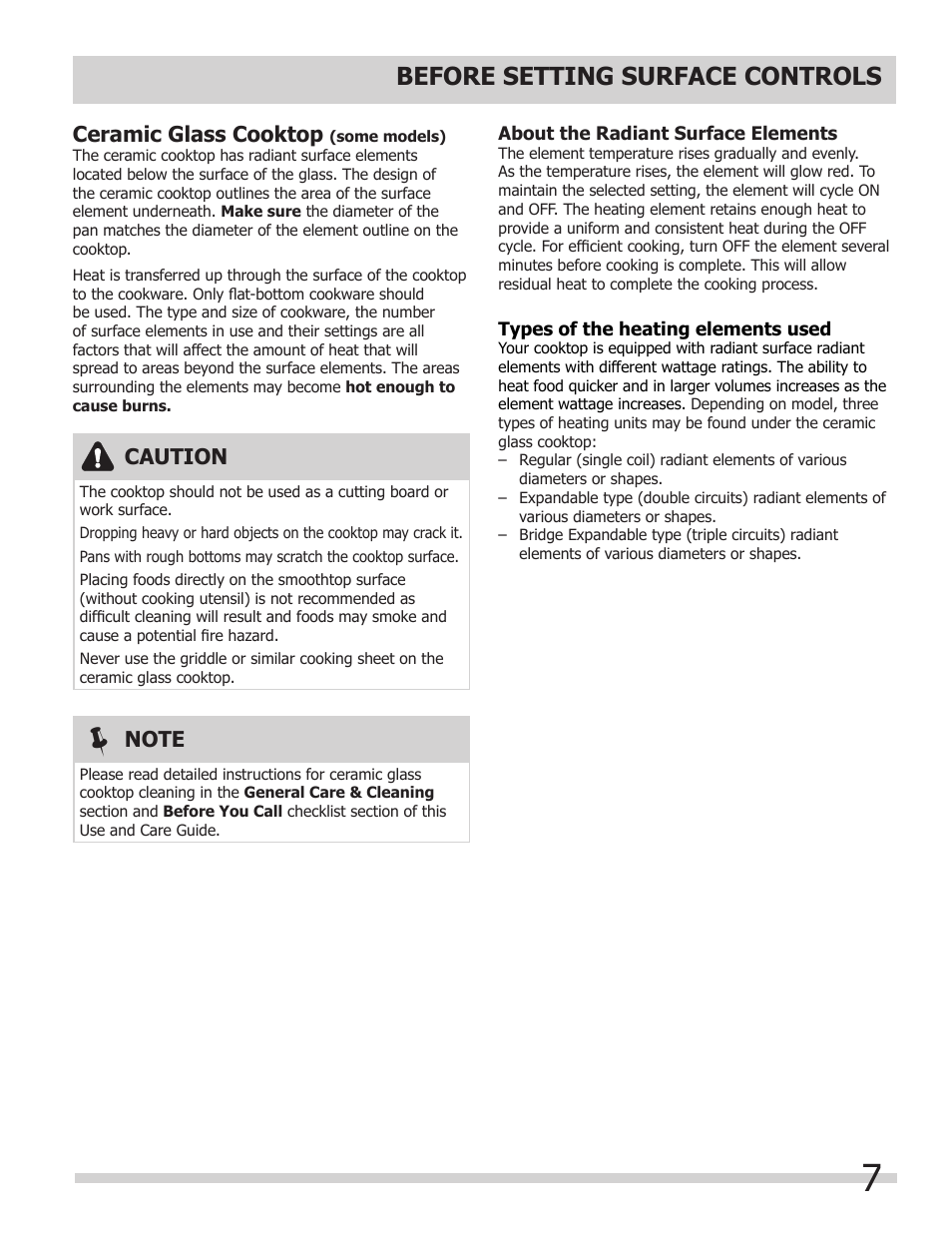 Before setting surface controls, Ceramic glass cooktop, Caution | FRIGIDAIRE FFEC3624PW User Manual | Page 7 / 16