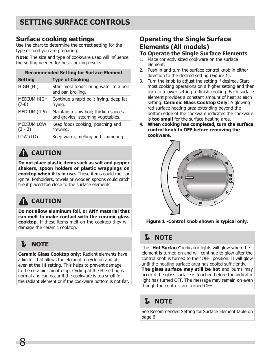 Setting surface controls, Surface cooking settings, Caution | Operating the single surface elements (all models) | FRIGIDAIRE FFEC3624PW User Manual | Page 8 / 16