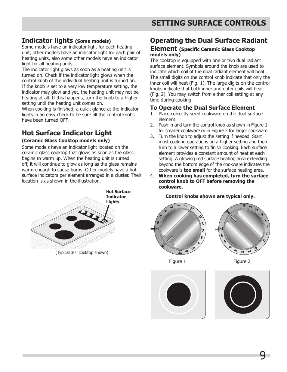 Setting surface controls, Operating the dual surface radiant element, Indicator lights | Hot surface indicator light | FRIGIDAIRE FFEC3624PW User Manual | Page 9 / 16