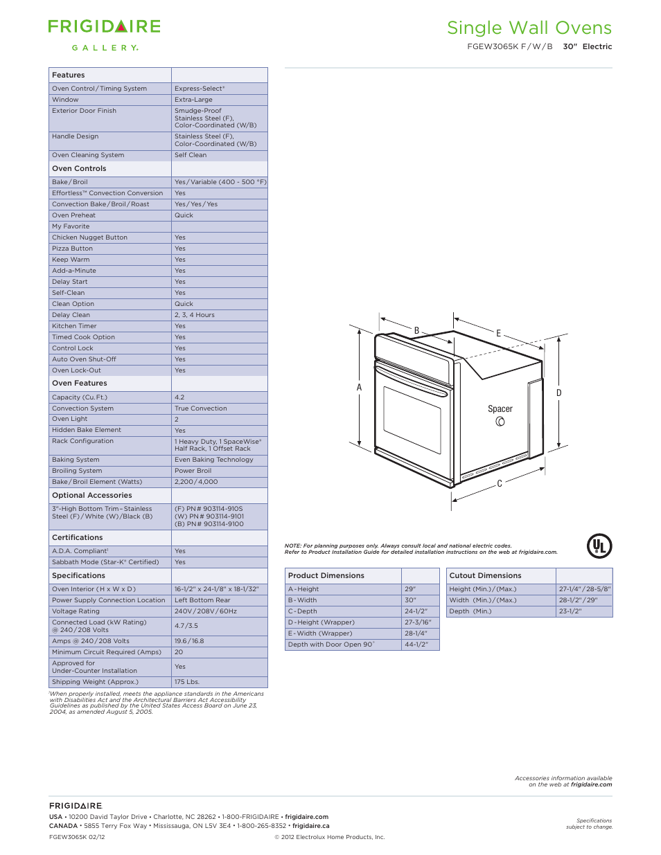 Single electric wall ovens frigidaire baseline, Single wall ovens | FRIGIDAIRE FGEW3065KW User Manual | Page 2 / 12