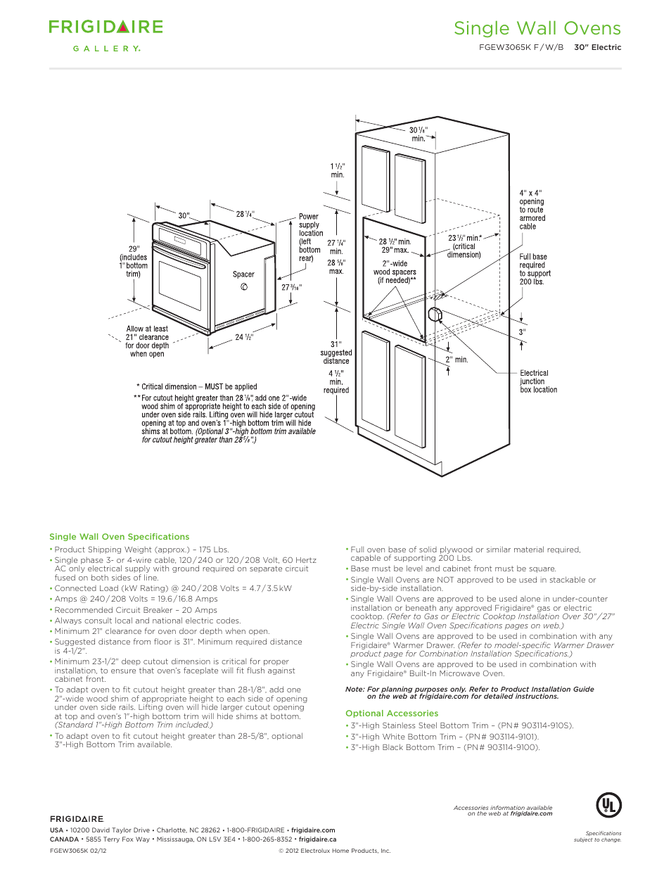 30" single electric wall oven gallery, Single wall ovens | FRIGIDAIRE FGEW3065KW User Manual | Page 3 / 12