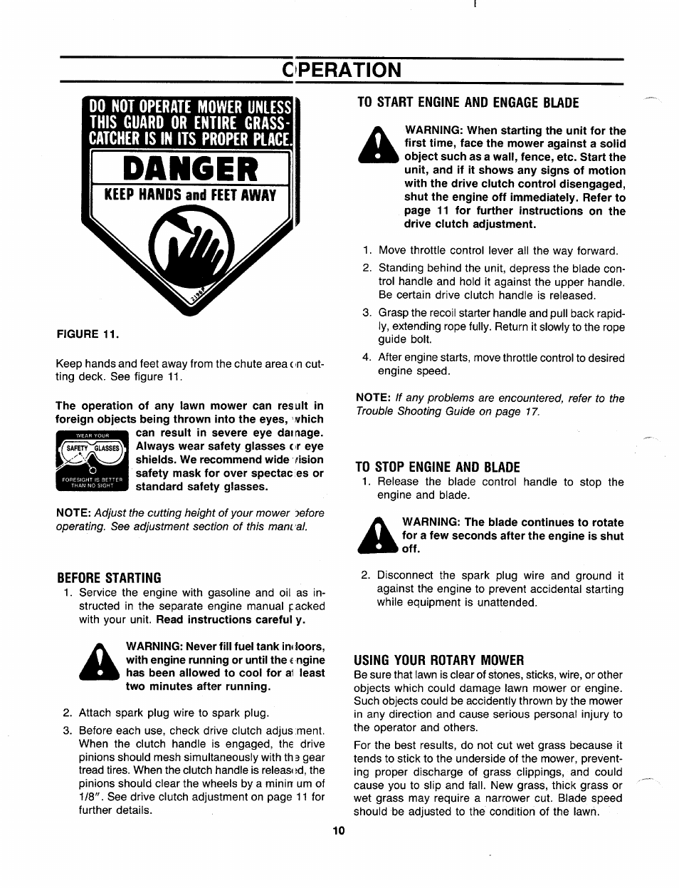 Cperation, To start engine and engage blade, Before starting | Td stdp engine and blade, Using ydur rdtary mdwer, Operation | Bolens 120-280R000 User Manual | Page 10 / 20