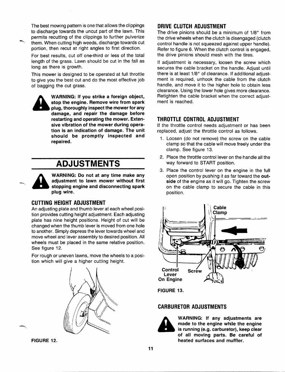 Adjustments, Cutting height adjustment, Drive clutch adjustment | Throttle control adjustment, Carburetor adjustments | Bolens 120-280R000 User Manual | Page 11 / 20