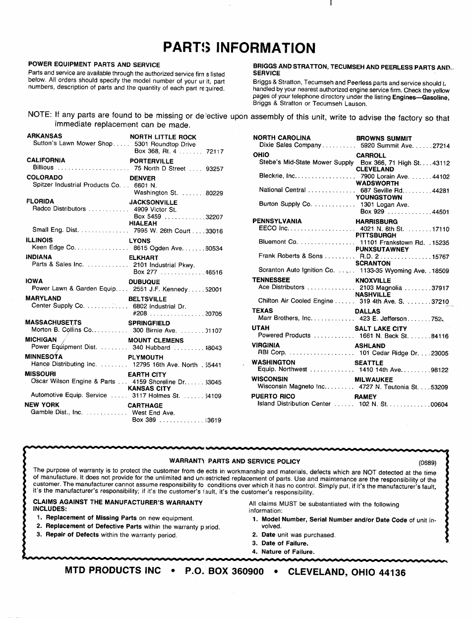 Parts information | Bolens 120-280R000 User Manual | Page 20 / 20