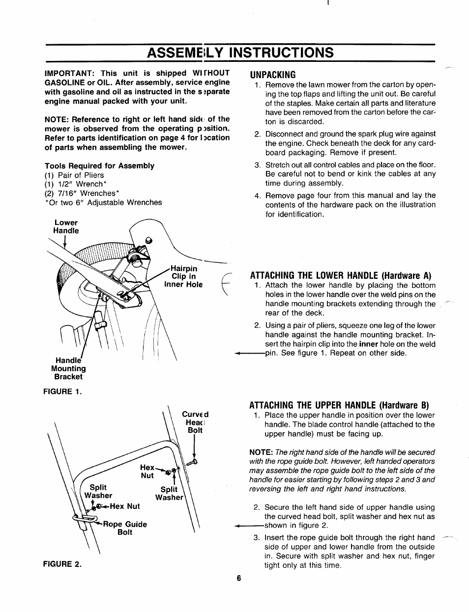 Assemeily instructions, Toois required for assembiy, Unpacking | Attaching the lower handle (hardware a), Attaching the upper handle (hardware b) | Bolens 120-280R000 User Manual | Page 6 / 20