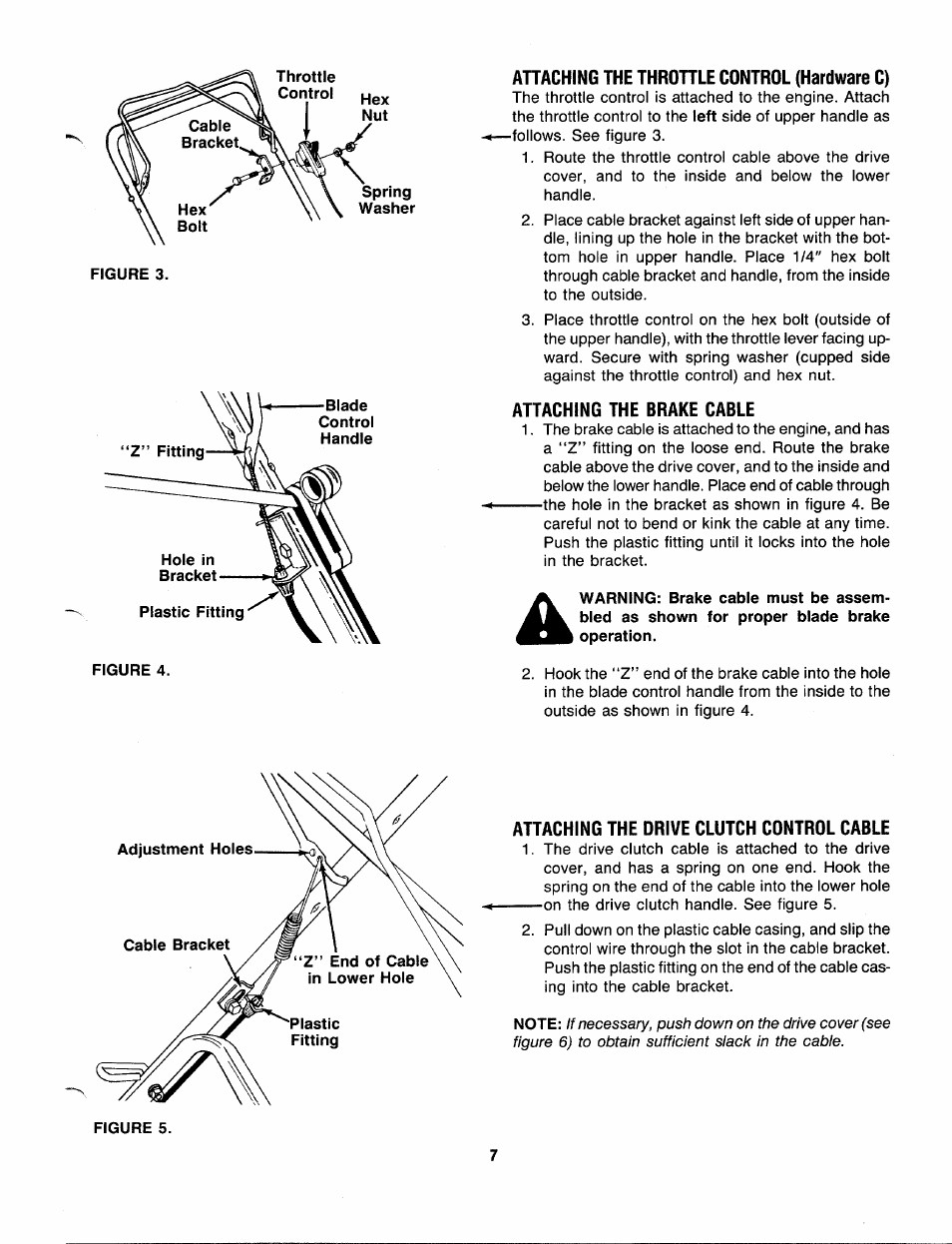 Ahaching the throhle control (hardware c), Attaching the brake cable, Attaching the drive clutch control cable | Bolens 120-280R000 User Manual | Page 7 / 20