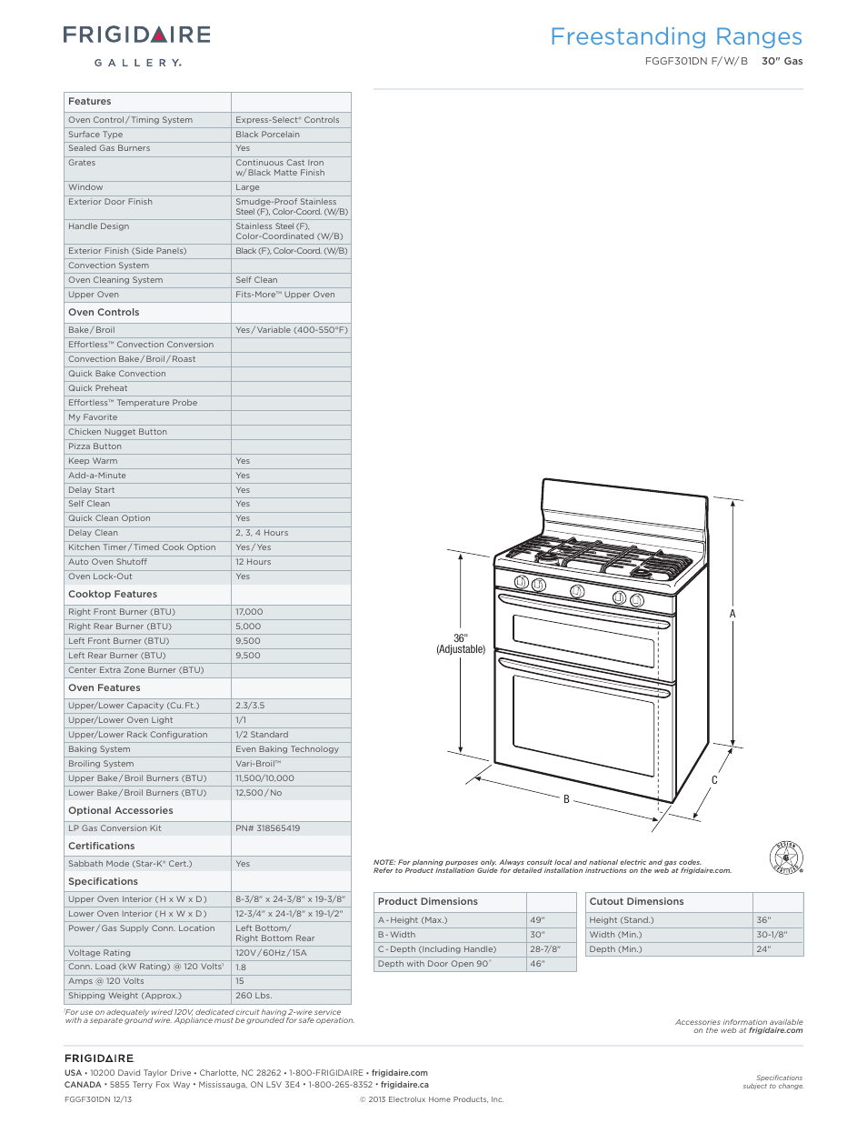 Freestanding ranges | FRIGIDAIRE FGGF301DNW User Manual | Page 2 / 7