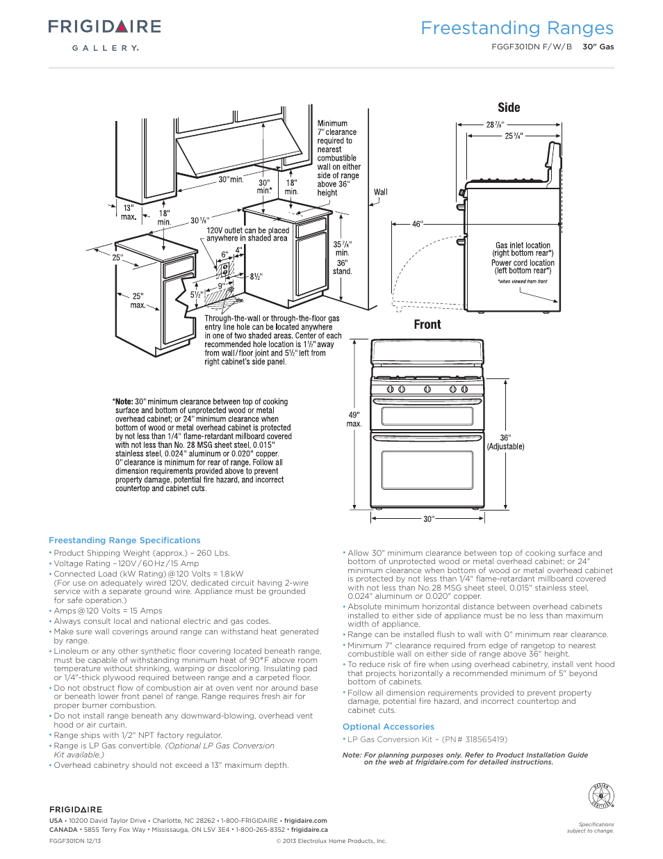 Freestanding ranges | FRIGIDAIRE FGGF301DNW User Manual | Page 3 / 7