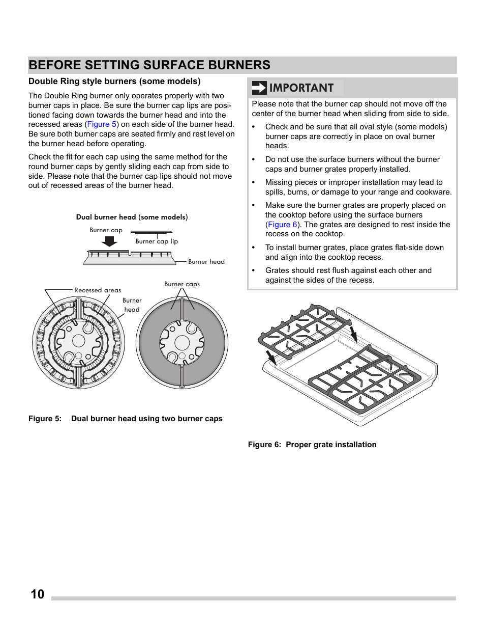 Double ring style burners (some models), 10 before setting surface burners, Important | FRIGIDAIRE FGDS3065PF User Manual | Page 10 / 48