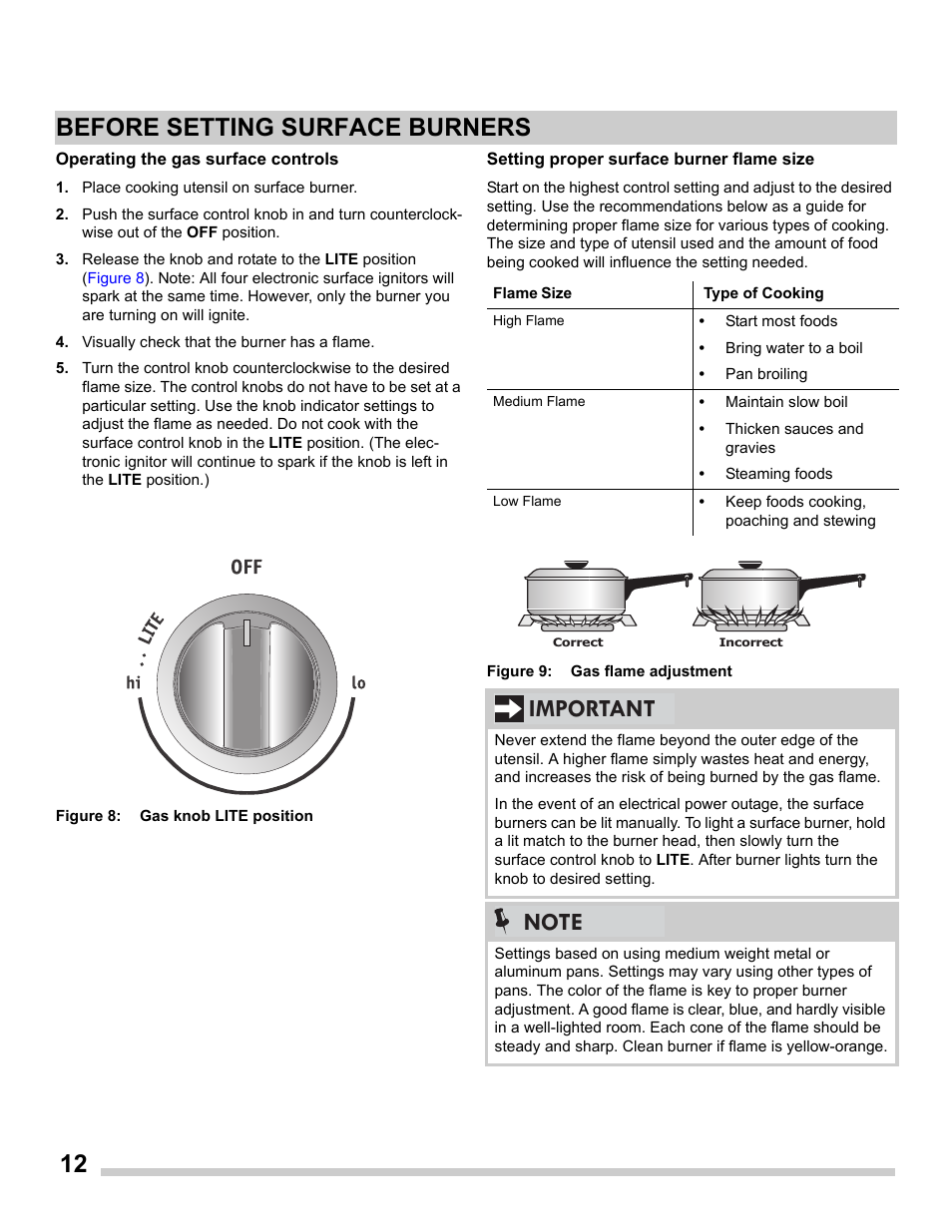 Operating the gas surface controls, Setting proper surface burner flame size, 12 before setting surface burners | FRIGIDAIRE FGDS3065PF User Manual | Page 12 / 48