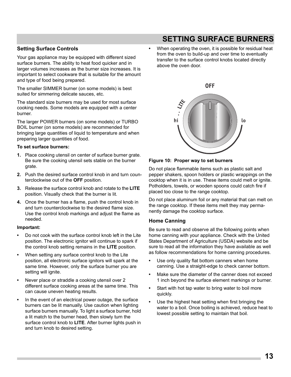 Setting surface controls, Home canning, Setting surface burners | FRIGIDAIRE FGDS3065PF User Manual | Page 13 / 48