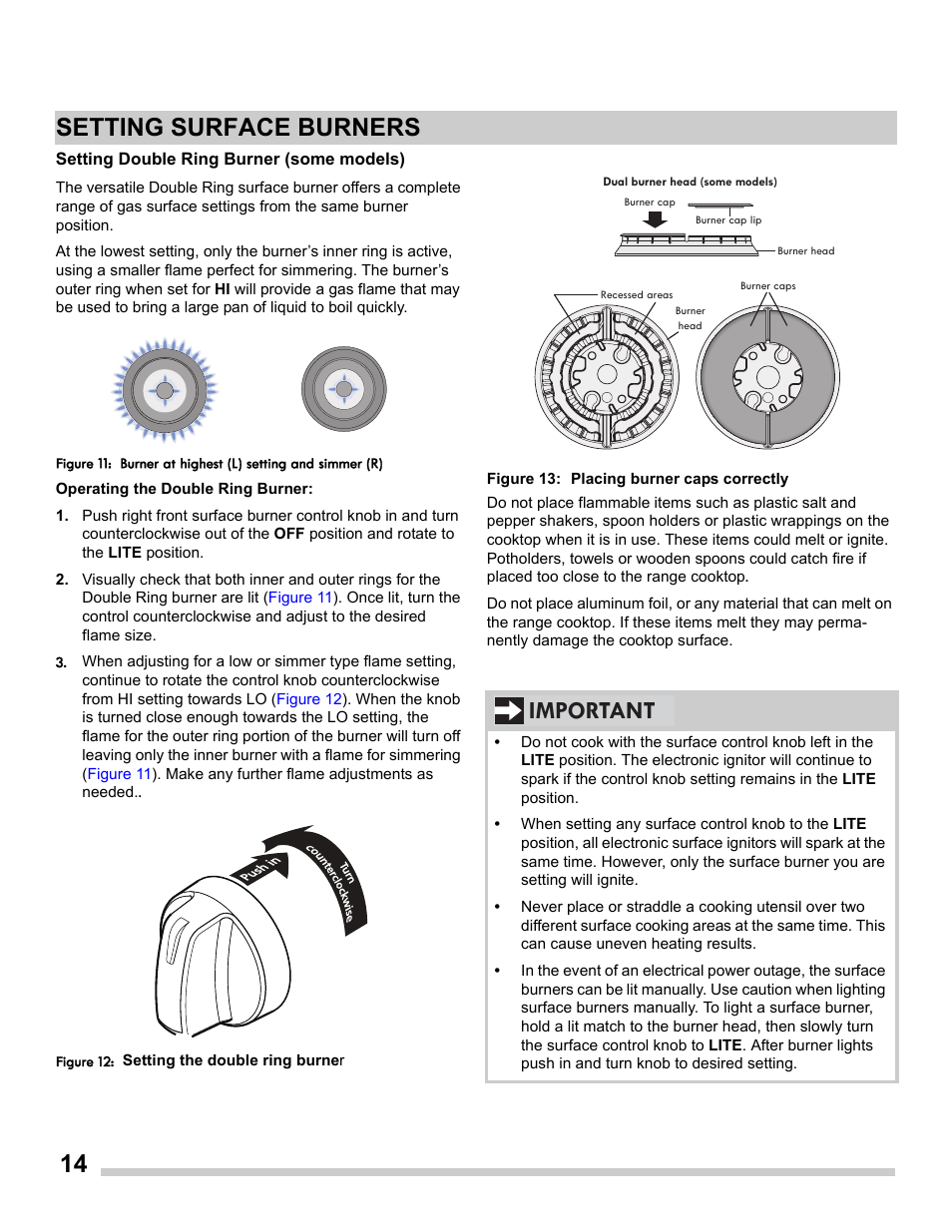 Setting double ring burner (some models), 14 setting surface burners, Important | FRIGIDAIRE FGDS3065PF User Manual | Page 14 / 48