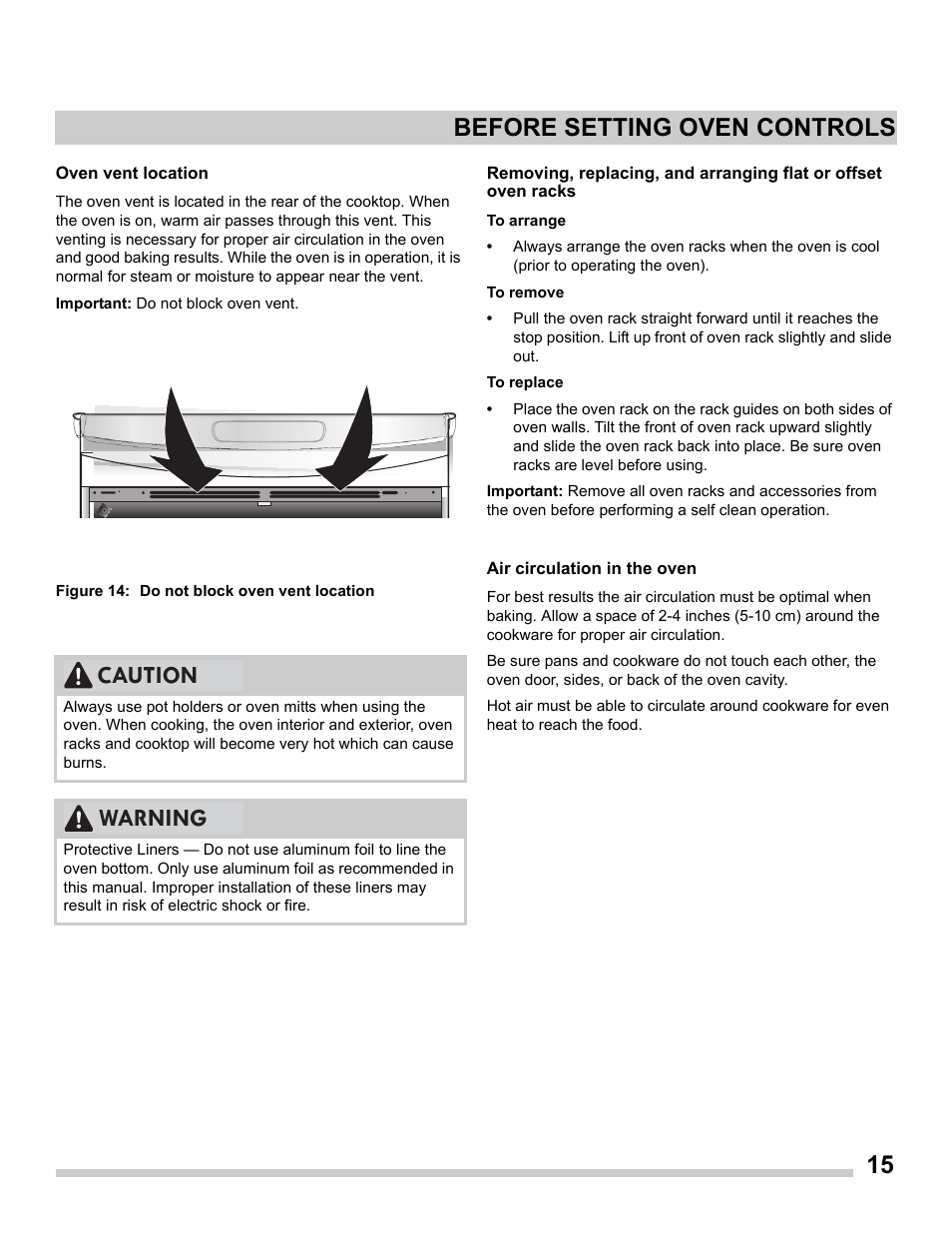 Oven vent location, Figure 14: do not block oven vent location, Air circulation in the oven | Before setting oven controls, Caution warning before setting oven controls | FRIGIDAIRE FGDS3065PF User Manual | Page 15 / 48