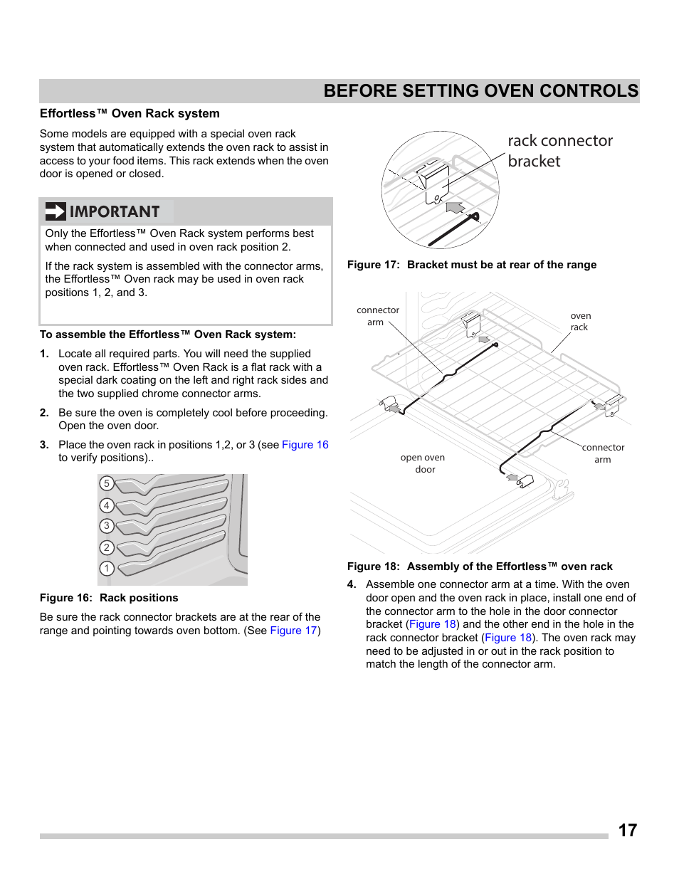 Effortless™ oven rack system, Figure 16: rack positions, Figure 17: bracket must be at rear of the range | Figure 18: assembly of the effortless™ oven rack, 17 before setting oven controls, Important, Rack connector bracket | FRIGIDAIRE FGDS3065PF User Manual | Page 17 / 48