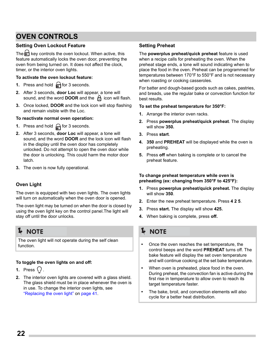 Setting oven lockout feature, Oven light, Setting preheat | 22 oven controls | FRIGIDAIRE FGDS3065PF User Manual | Page 22 / 48
