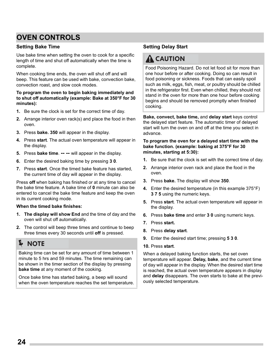 Setting bake time, Setting delay start, 24 oven controls | Caution | FRIGIDAIRE FGDS3065PF User Manual | Page 24 / 48