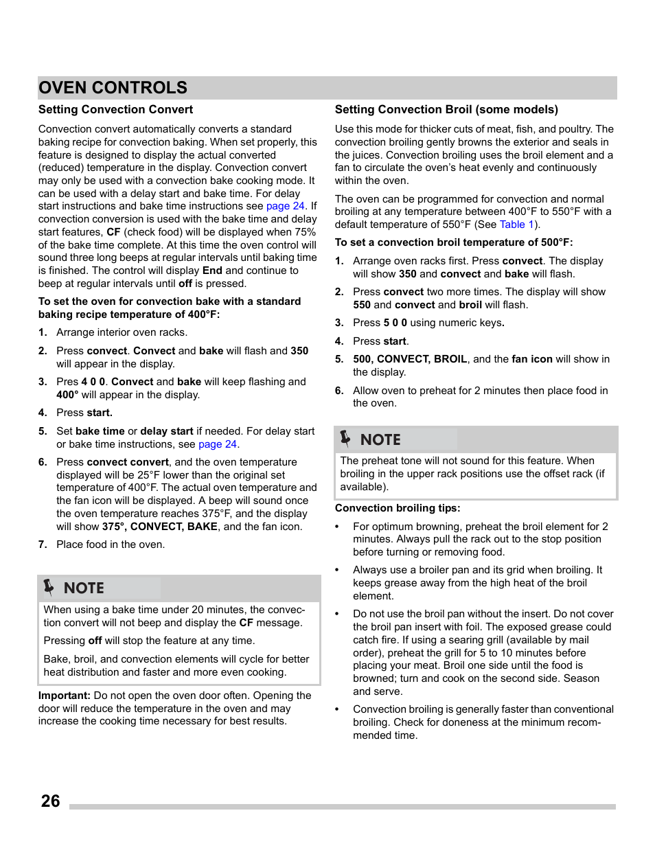 Setting convection convert, Setting convection broil (some models), 26 oven controls | FRIGIDAIRE FGDS3065PF User Manual | Page 26 / 48