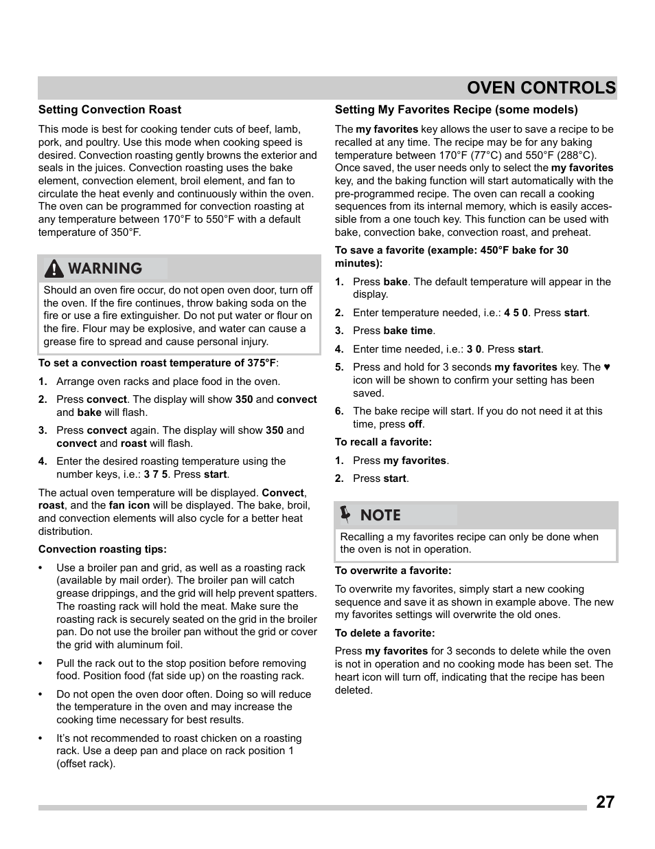 Setting convection roast, Setting my favorites recipe (some models), 27 oven controls | Warning | FRIGIDAIRE FGDS3065PF User Manual | Page 27 / 48
