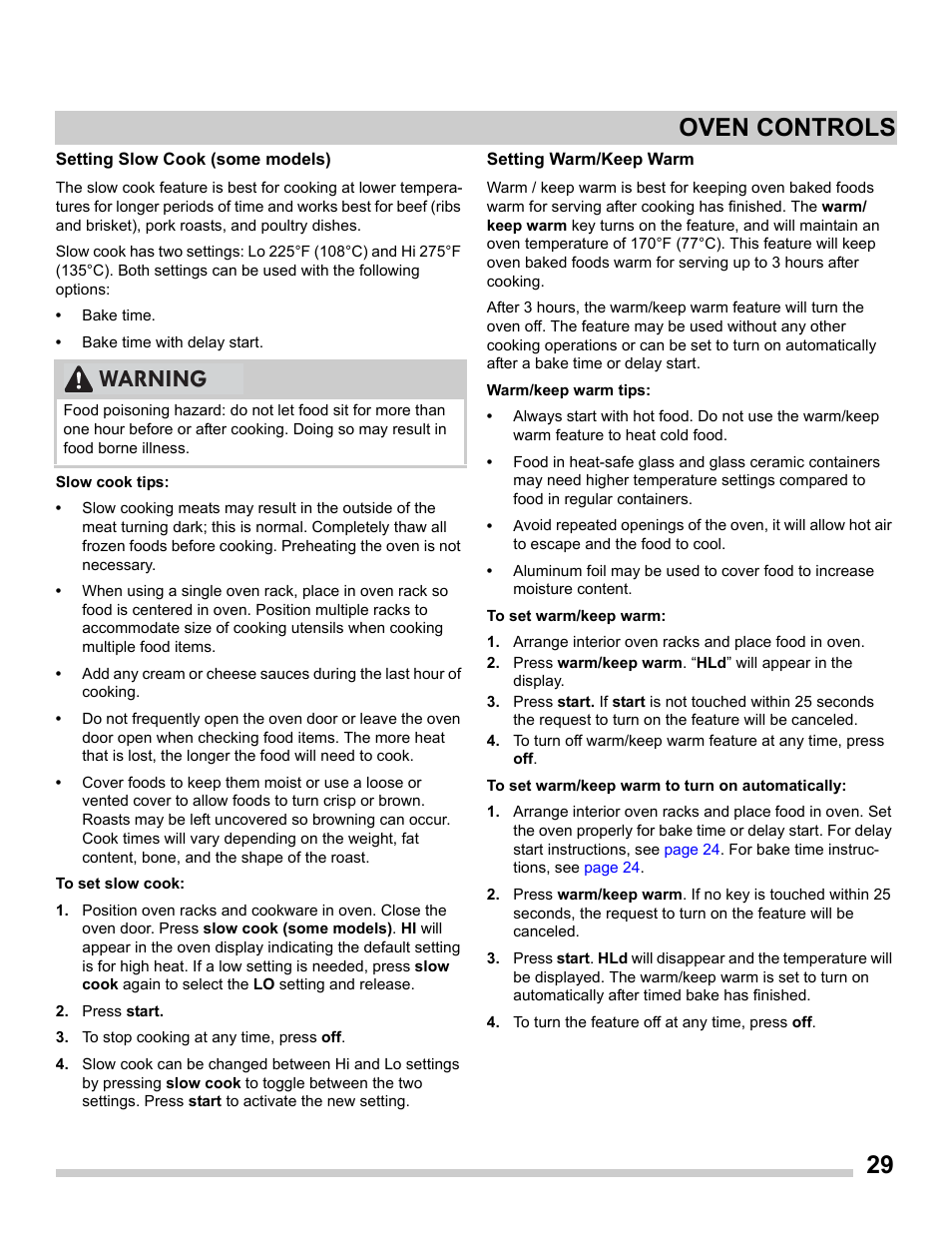 Setting slow cook (some models), Setting warm/keep warm, 29 oven controls | Warning | FRIGIDAIRE FGDS3065PF User Manual | Page 29 / 48