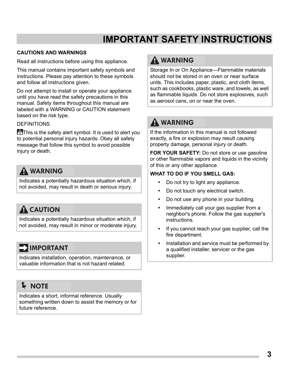 Cautions and warnings, Important safety instructions, Warning | FRIGIDAIRE FGDS3065PF User Manual | Page 3 / 48
