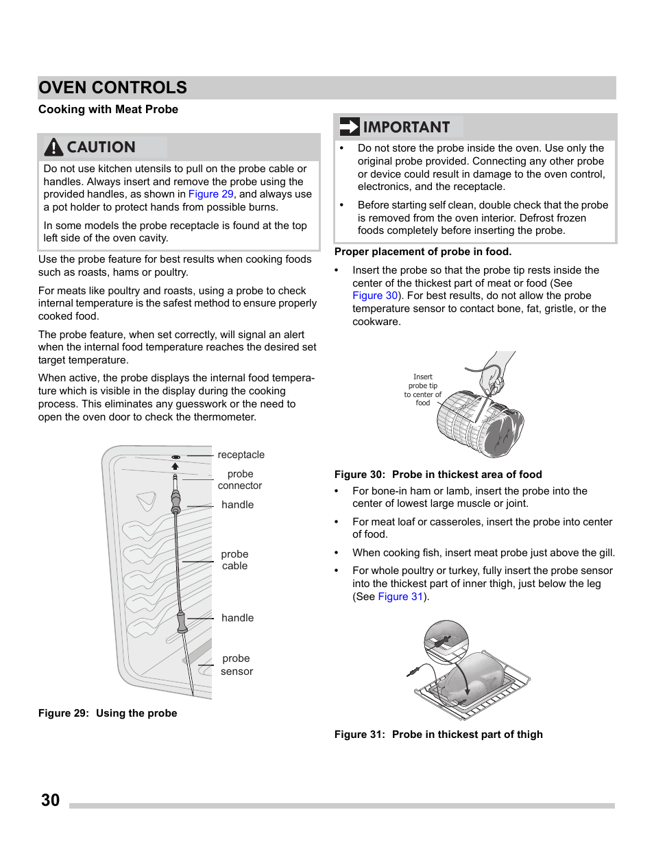 Cooking with meat probe, 30 oven controls, Caution | Important | FRIGIDAIRE FGDS3065PF User Manual | Page 30 / 48