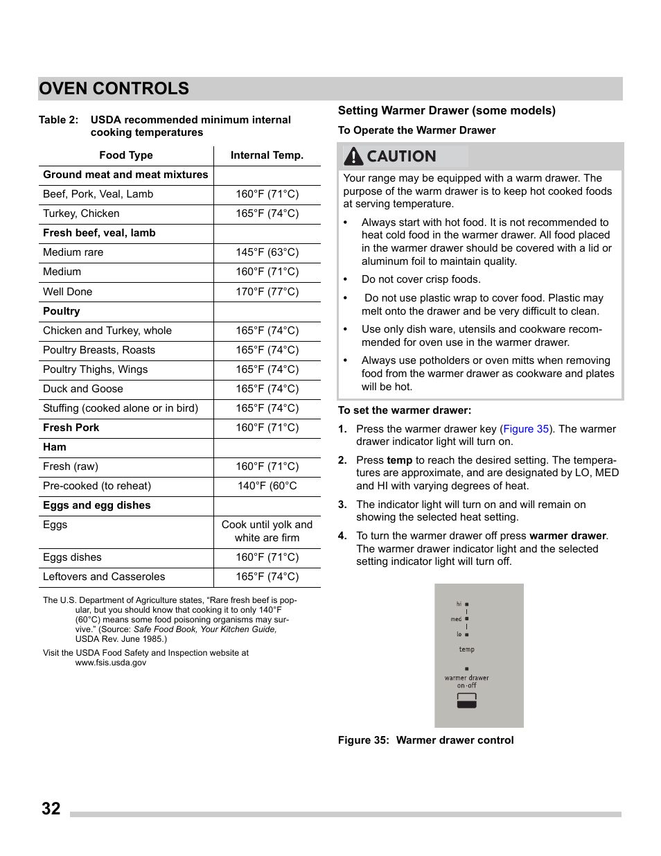 Setting warmer drawer (some models), 32 oven controls, Caution | FRIGIDAIRE FGDS3065PF User Manual | Page 32 / 48