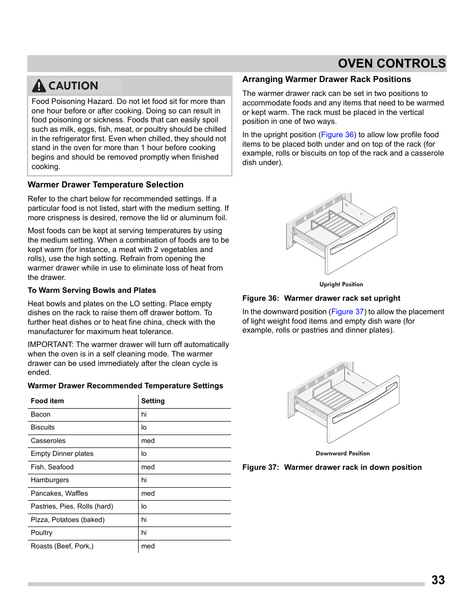 Warmer drawer temperature selection, Arranging warmer drawer rack positions, 33 oven controls | Caution | FRIGIDAIRE FGDS3065PF User Manual | Page 33 / 48