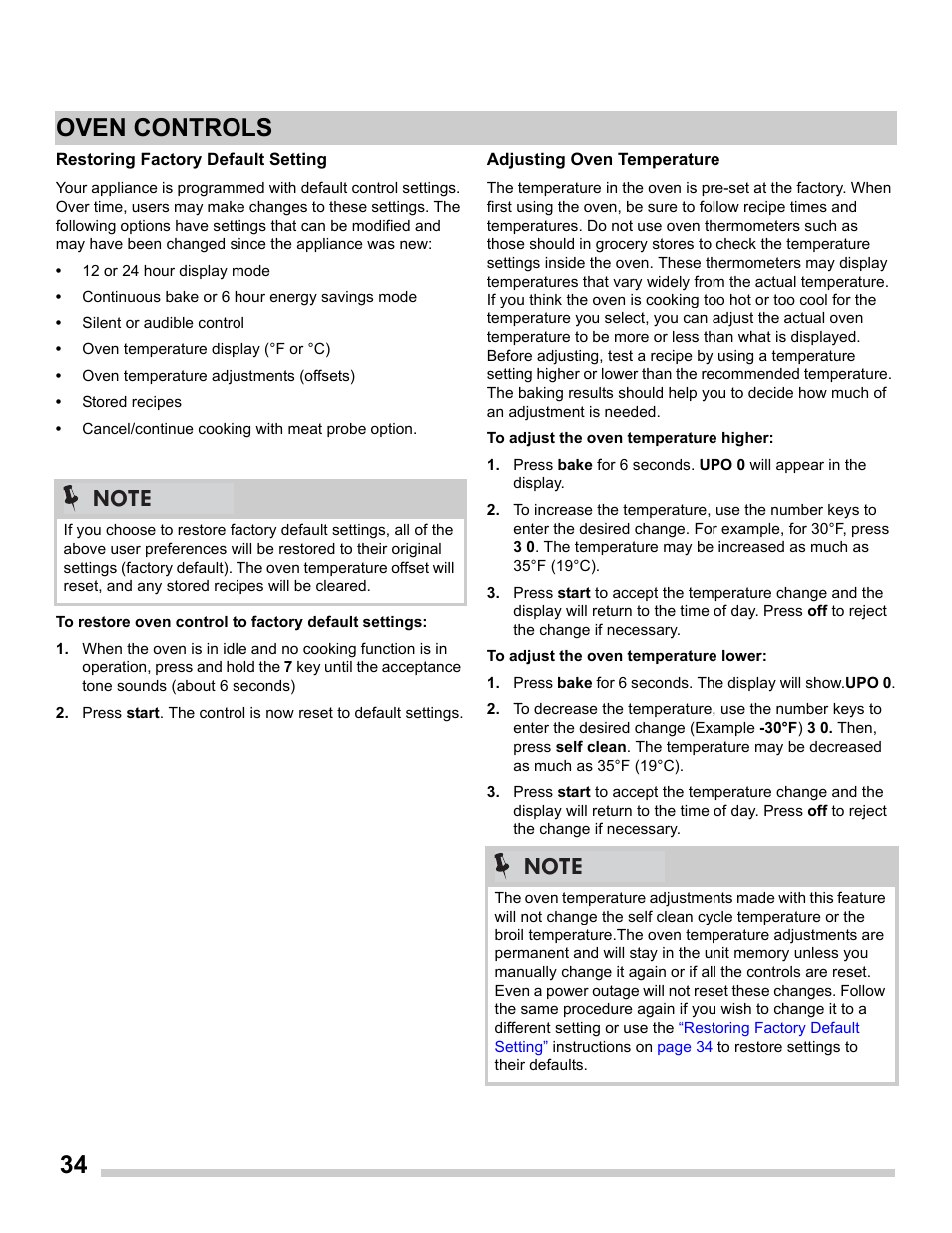 Restoring factory default setting, Adjusting oven temperature, 34 oven controls | FRIGIDAIRE FGDS3065PF User Manual | Page 34 / 48
