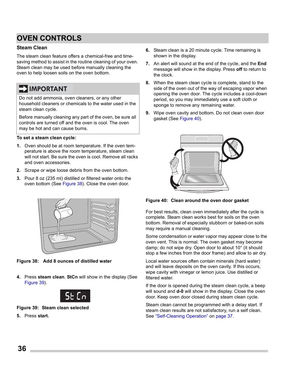 Steam clean, 36 oven controls, Important | FRIGIDAIRE FGDS3065PF User Manual | Page 36 / 48