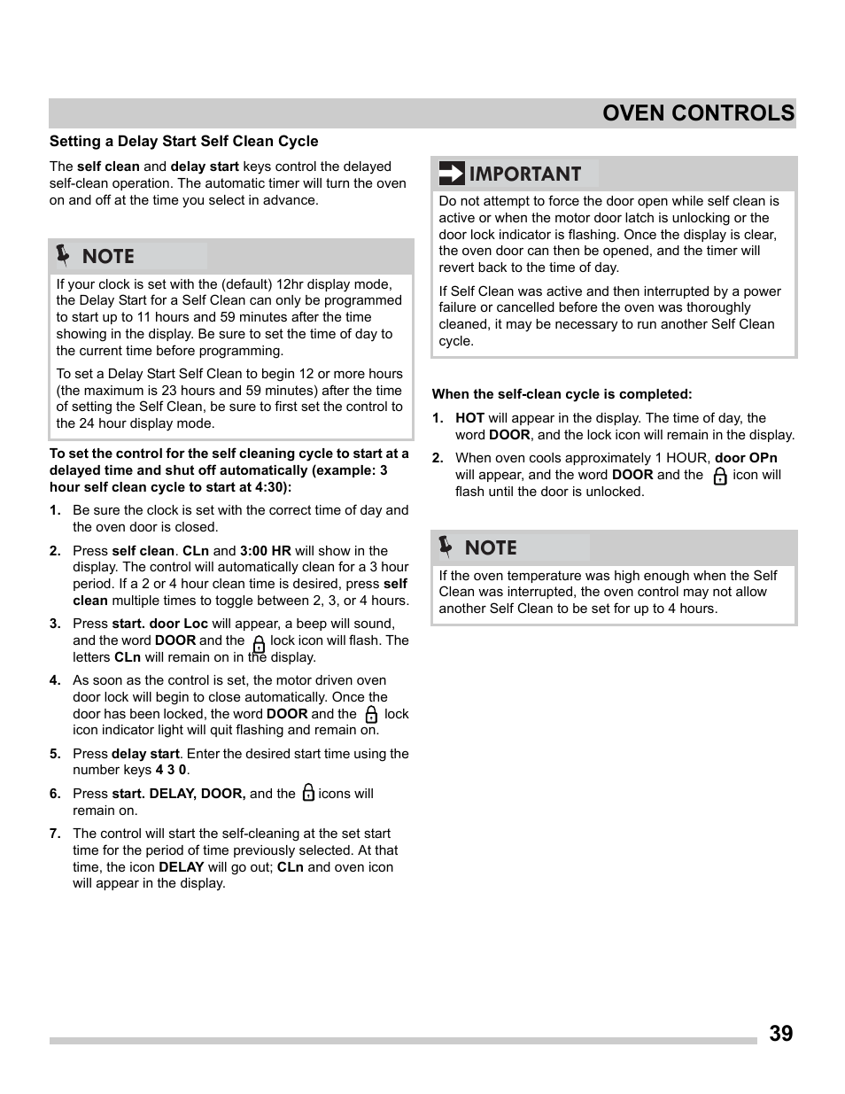 Setting a delay start self clean cycle, 39 oven controls | FRIGIDAIRE FGDS3065PF User Manual | Page 39 / 48
