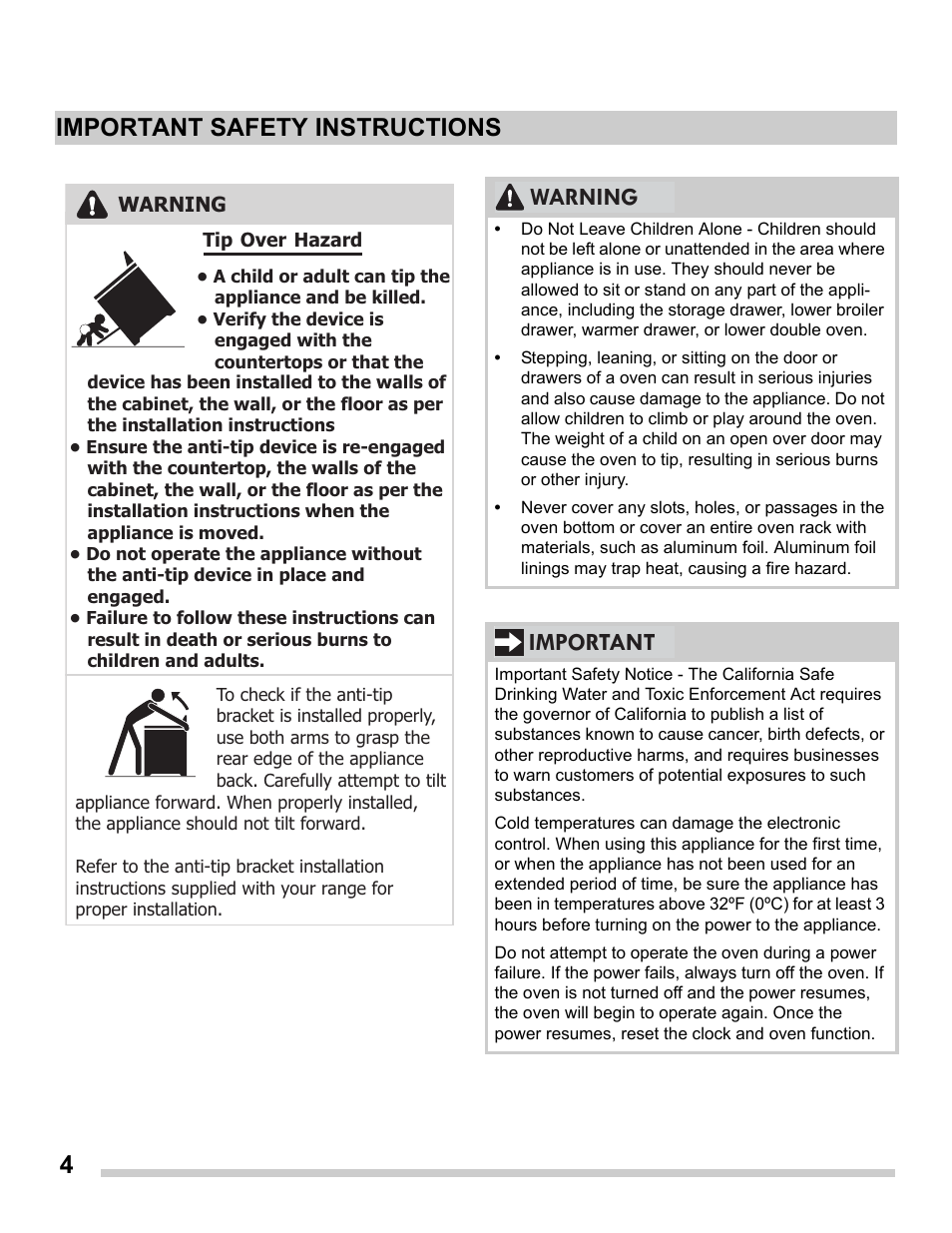 4important safety instructions, Warning important | FRIGIDAIRE FGDS3065PF User Manual | Page 4 / 48