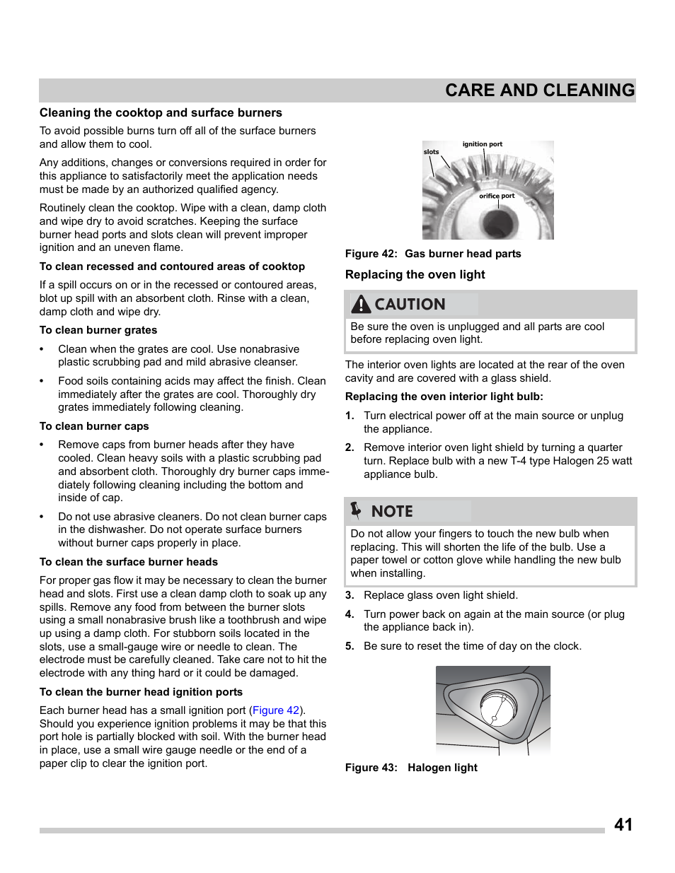 Cleaning the cooktop and surface burners, Replacing the oven light, 41 care and cleaning | FRIGIDAIRE FGDS3065PF User Manual | Page 41 / 48