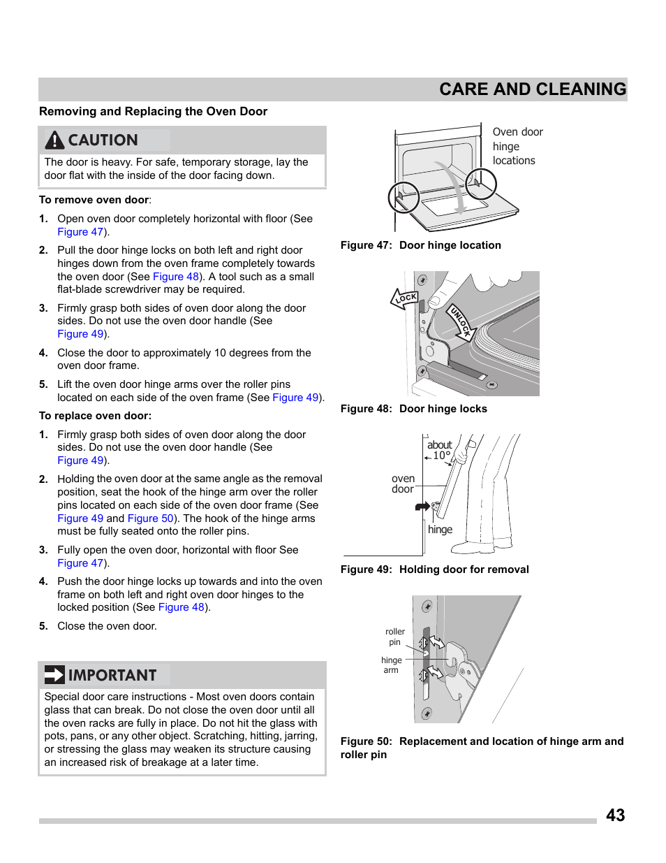 Removing and replacing the oven door, 43 care and cleaning, Caution important | FRIGIDAIRE FGDS3065PF User Manual | Page 43 / 48