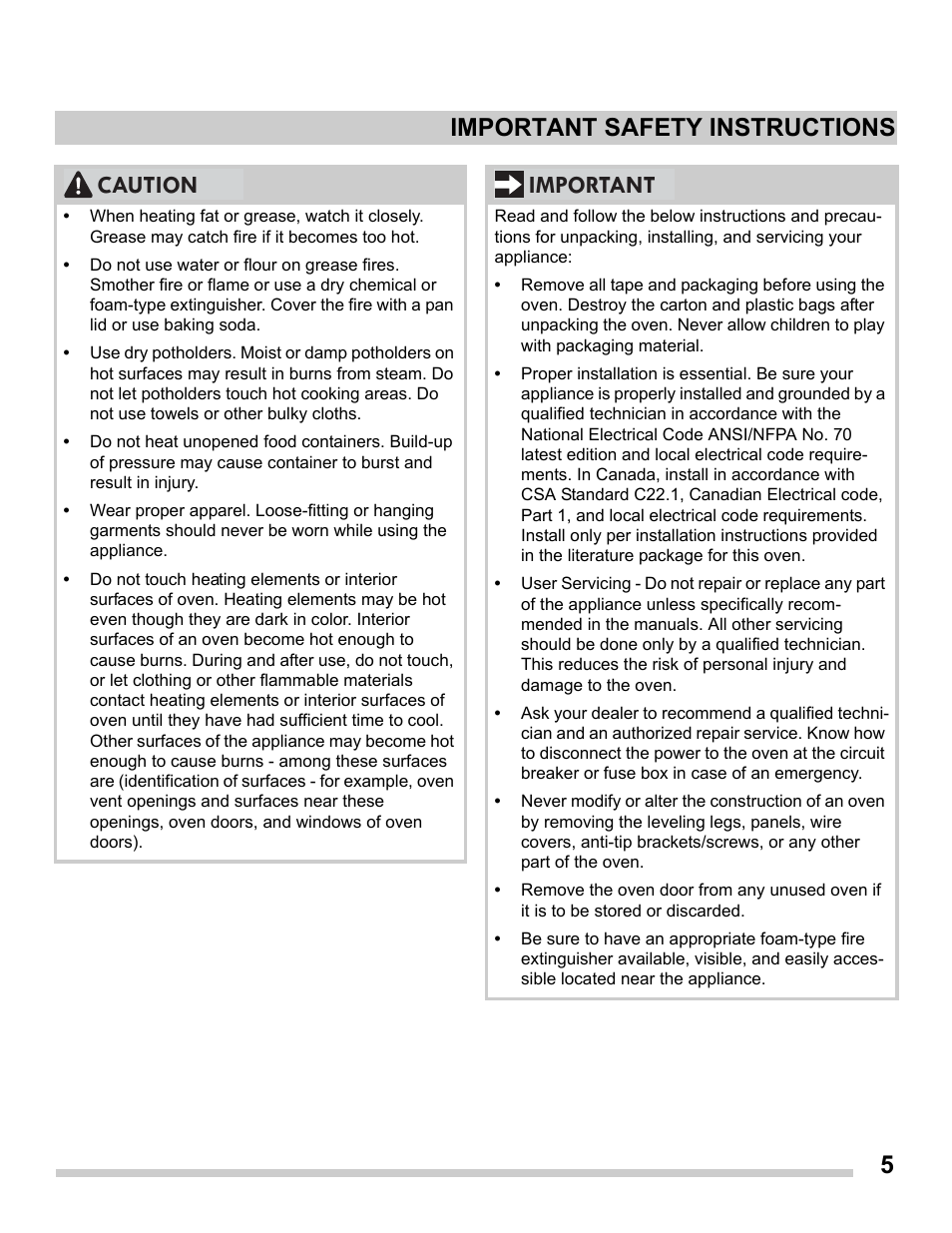 5important safety instructions, Caution, Important | FRIGIDAIRE FGDS3065PF User Manual | Page 5 / 48