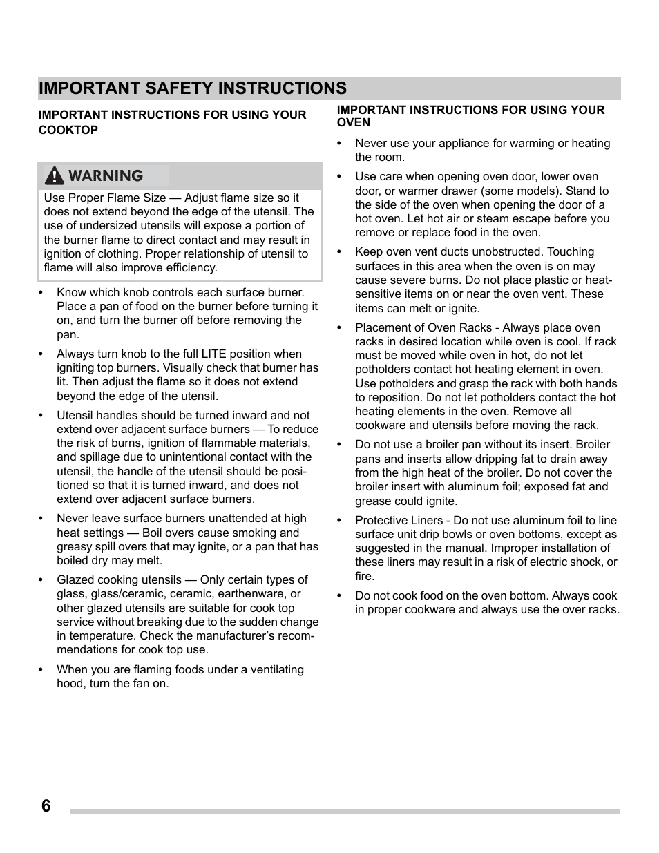 Important instructions for using your oven, 6important safety instructions, Warning | FRIGIDAIRE FGDS3065PF User Manual | Page 6 / 48