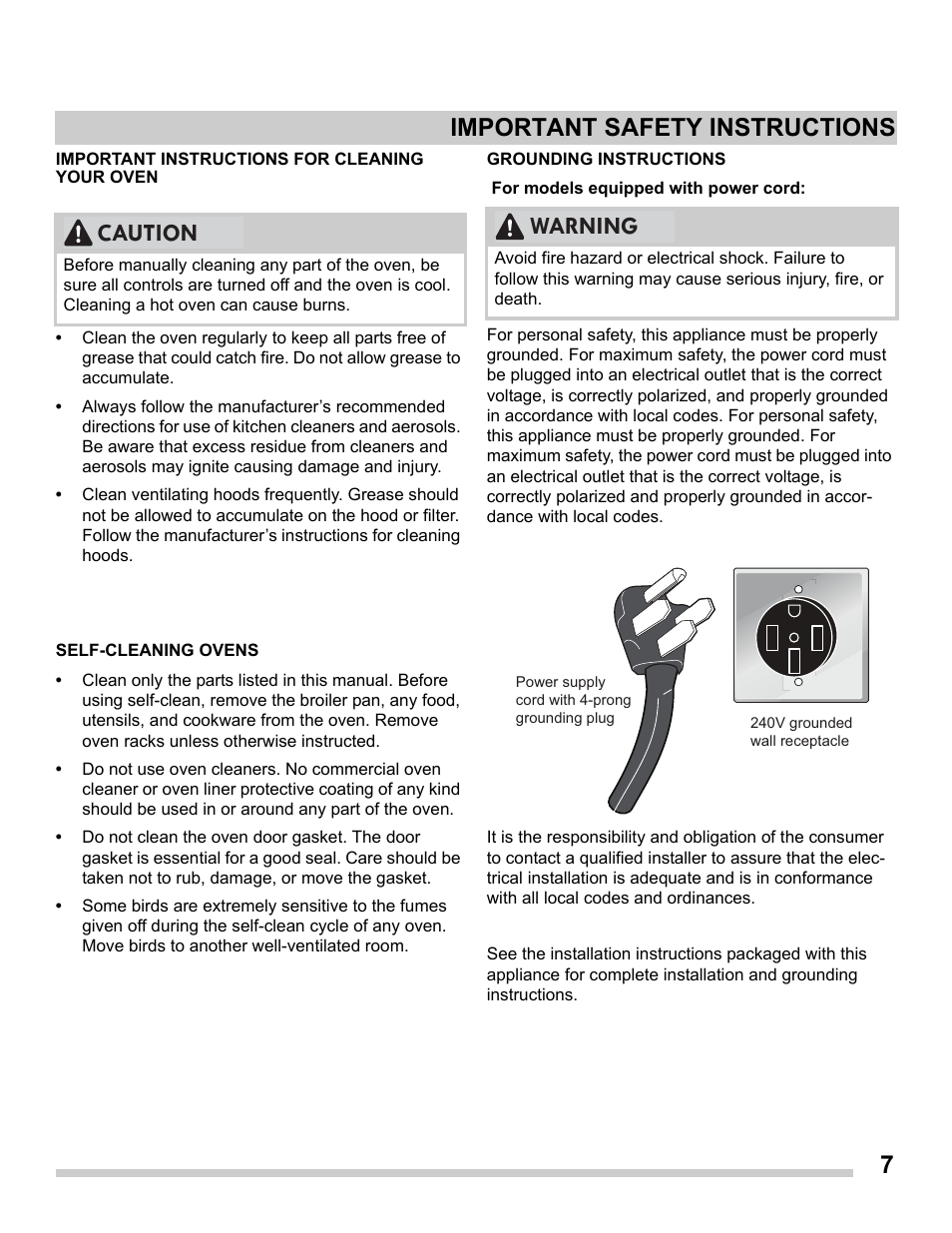 Important instructions for cleaning your oven, Self-cleaning ovens, Grounding instructions | 7important safety instructions, Caution, Warning | FRIGIDAIRE FGDS3065PF User Manual | Page 7 / 48