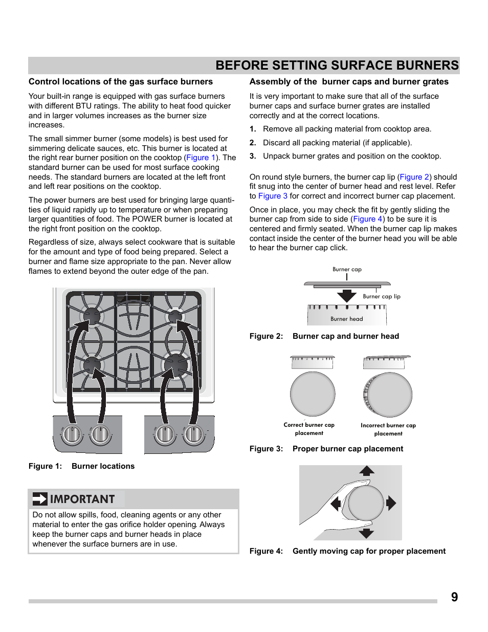 Control locations of the gas surface burners, Assembly of the burner caps and burner grates, Before setting surface burners | Important | FRIGIDAIRE FGDS3065PF User Manual | Page 9 / 48