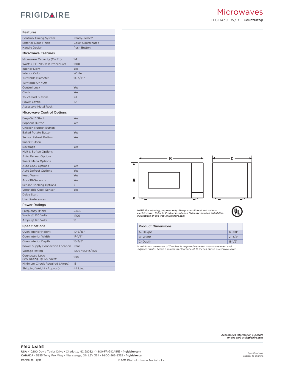 Countertop microwave frigidaire baseline, Microwaves, Cb a | FRIGIDAIRE FFCE1439LW User Manual | Page 2 / 2