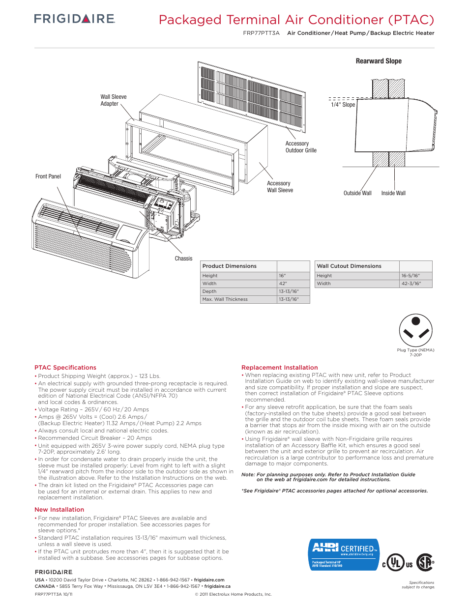 Packaged terminal air conditioner (ptac), Rearward slope | FRIGIDAIRE FRP77PTT3A User Manual | Page 3 / 3