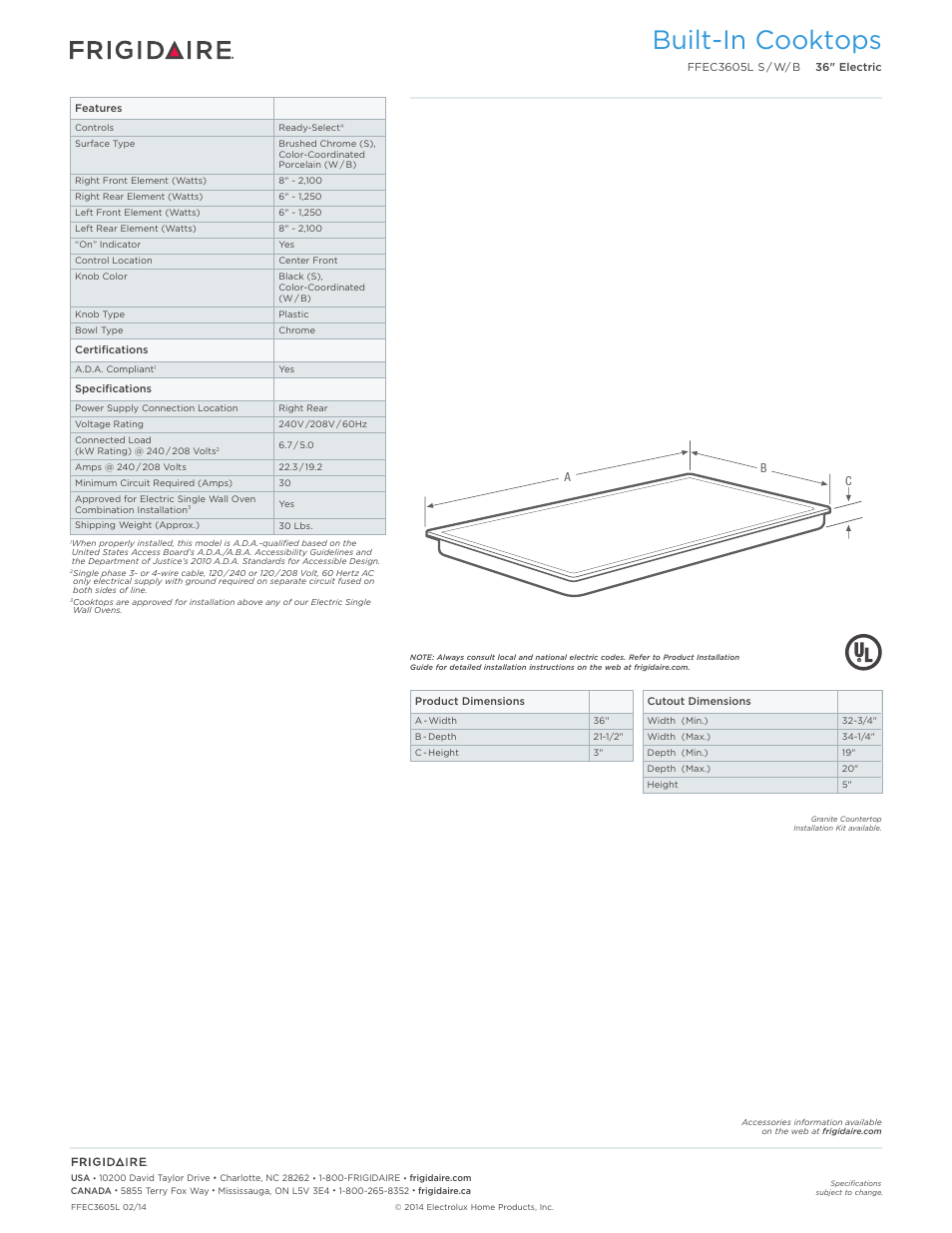 Drop-in electric cooktops frigidaire baseline, Built-in cooktops | FRIGIDAIRE FFEC3605LB User Manual | Page 2 / 5