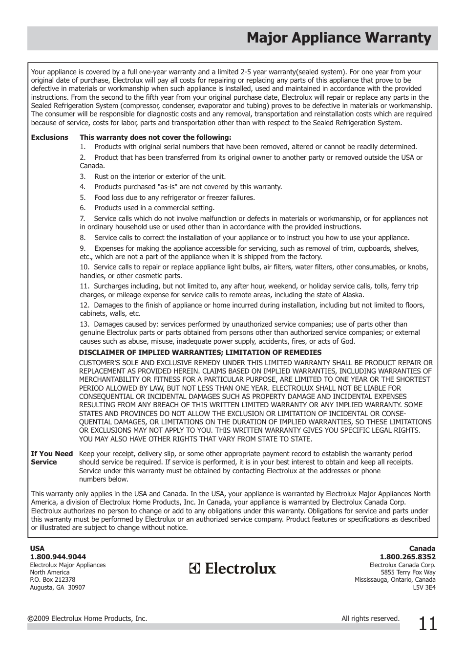 Major appliance warranty | FRIGIDAIRE FRA123KT1 User Manual | Page 11 / 11