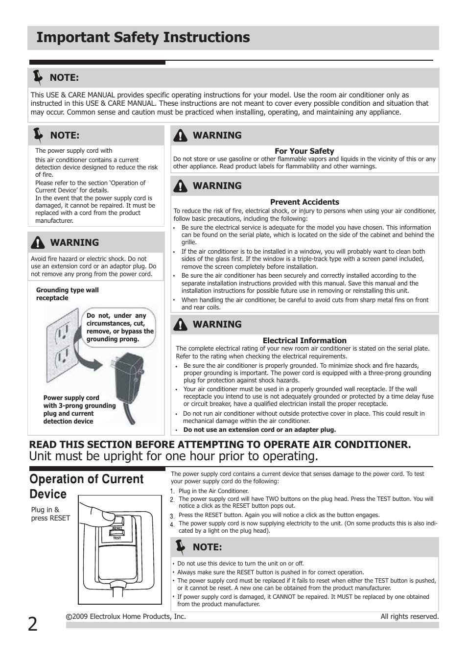 Important safety instructions, Warning | FRIGIDAIRE FRA123KT1 User Manual | Page 2 / 11